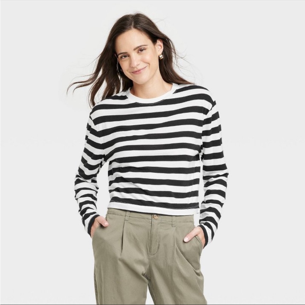 Women's Boxy Long Sleeve T-Shirt - A New Day Black/White Striped M Ska